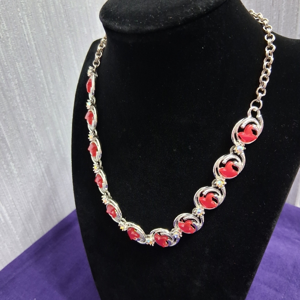 Vintage Charel Cherry Moonglow Necklace Thermoset Hook Closure Silvertone - Picture 15 of 17